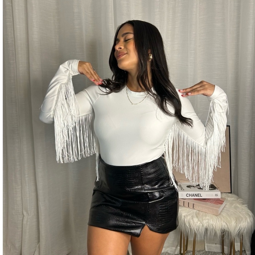 Baevely White Fringe Long Sleeve thong bodysuit size L